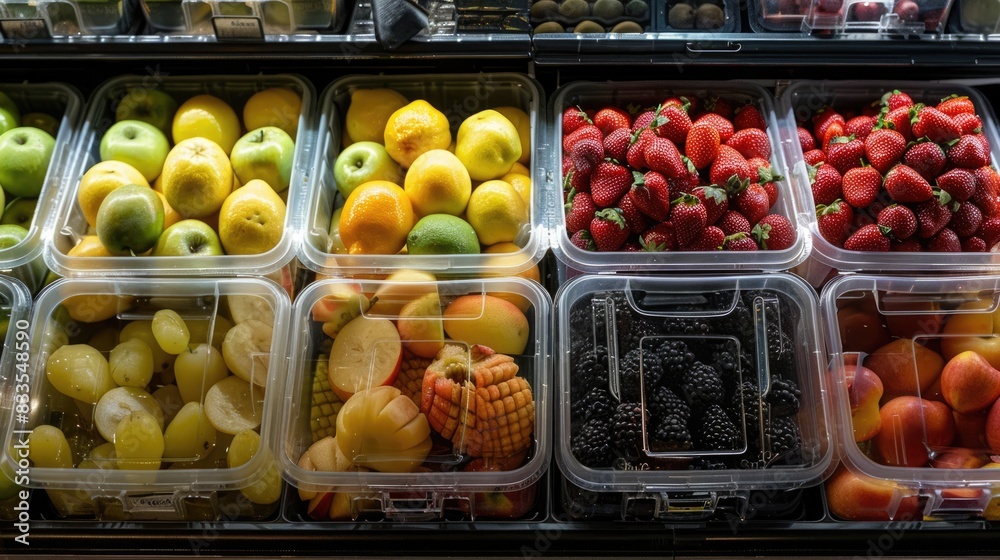 Fresh Fruits in Containers Displayed at a Grocery Store
