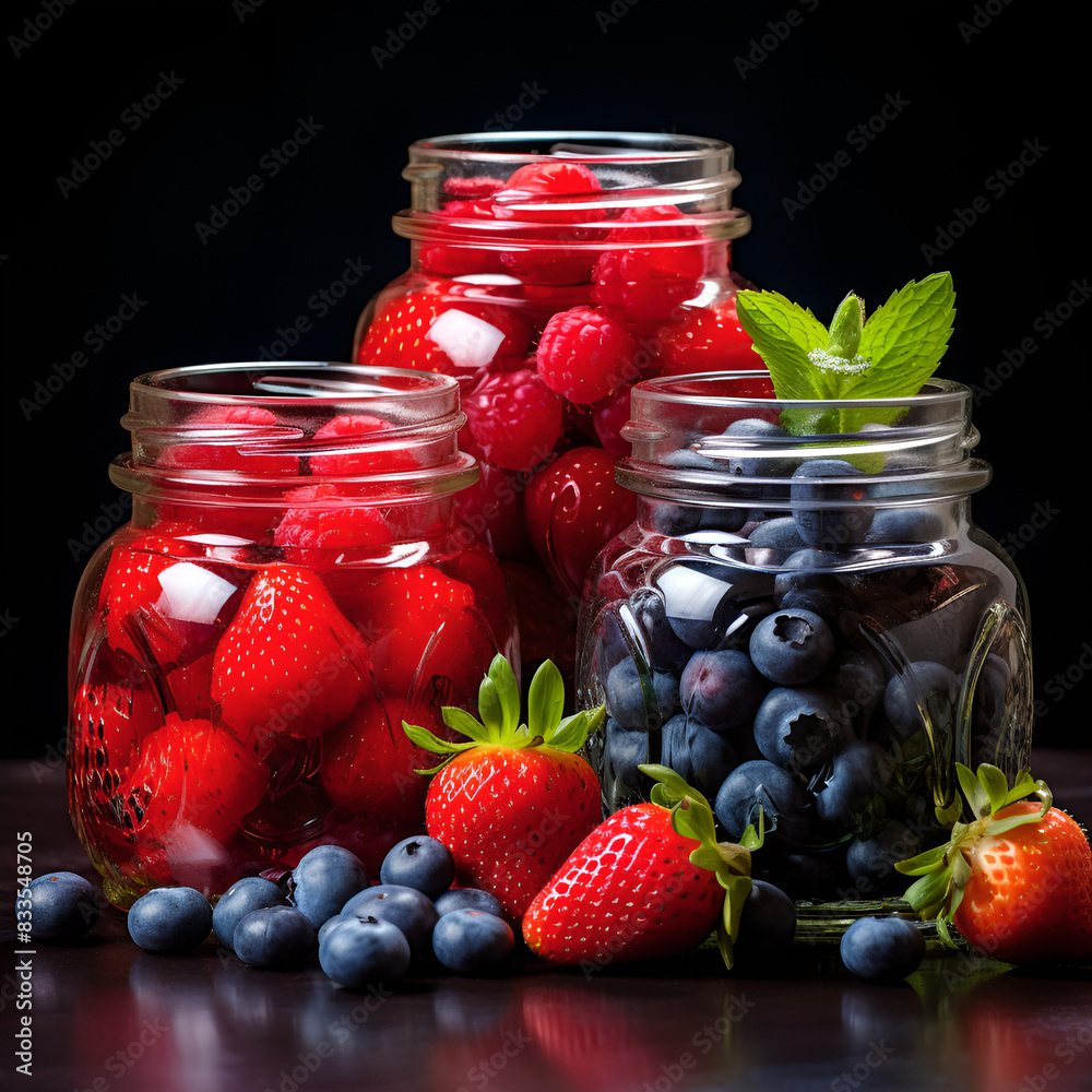 Fresh strawberries, raspberries, blueberries in jars Fresh strawberries, raspberries, blueberries in jars