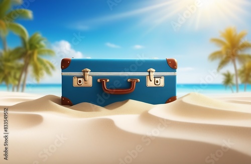Suitcase on the sand against the background of the ocean.