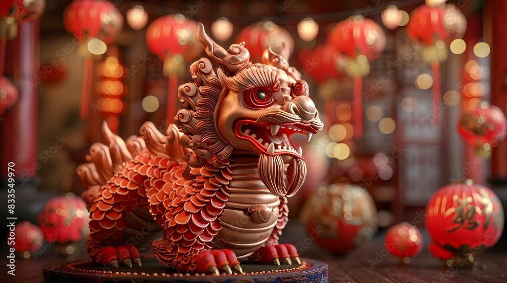 Fototapeta premium A scene of Chinese traditional lion dance performance during the Lantern Festival
