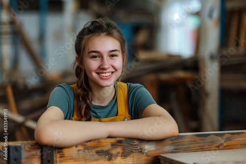 Empowering Craftswoman: Smiling Young Woman Mastering Carpentry with Joyful Expertise
