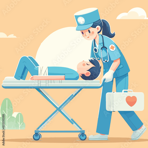 Illustration of a healthcare worker helping an accident victim on Hospital Bed