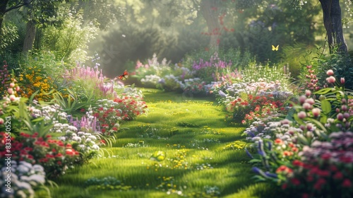 Summer Garden Bliss: Sunlit Pathway with Blooming Flowers and Fluttering Butterfly