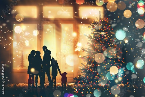 Happy Family Walking Together Among Christmas Lights During Winter Snowfall