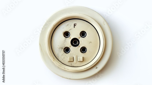 Vintage white wall socket with multiple connector holes on a white background. Concept of retro design, electricity, technology, electrical component