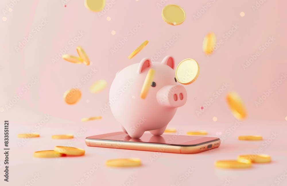 Pink piggy bank with smartphone and flying coins, concept of savings, business, finance. Pink piggy bank with smartphone and flying coins, concept of savings, business, finance.