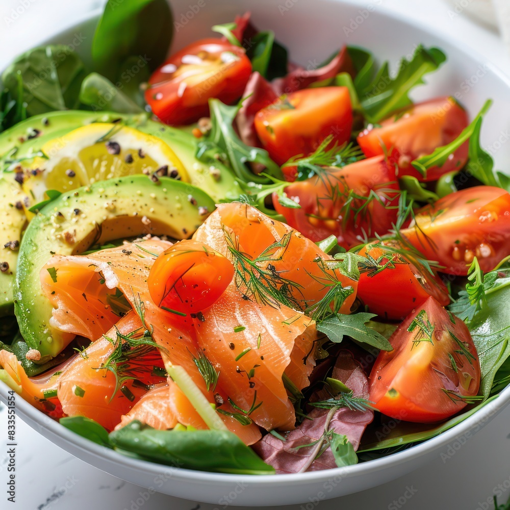 a sumptuous bowl of freshly made salad loaded with fresh smoked salmon, sliced avocados, baby tomatoes, leafy green, garnished with herbs and spices a sumptuous bowl of freshly made salad loaded with fresh smoked salmon, sliced avocados, baby tomatoes, leafy green, garnished with herbs and spices