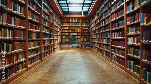 A wide-angle shot of rows of bookshelves in a library, with empty space on the shelves for adding text or graphics 