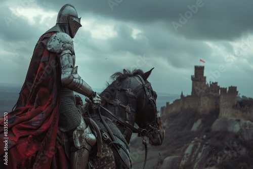 Medieval knight with armor on a horse, castle and a rural landscape in the background, medieval period. © Deivison
