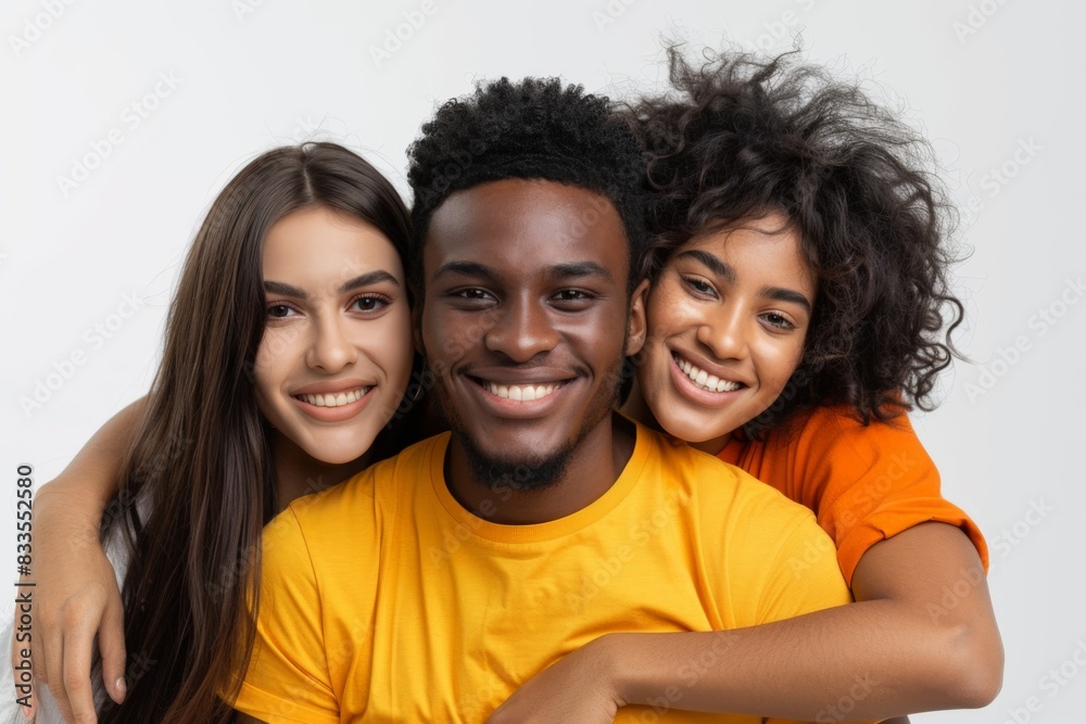 Three friends happy and hugging each other, white background, Friendship Day concept. Three friends happy and hugging each other, white background, Friendship Day concept.