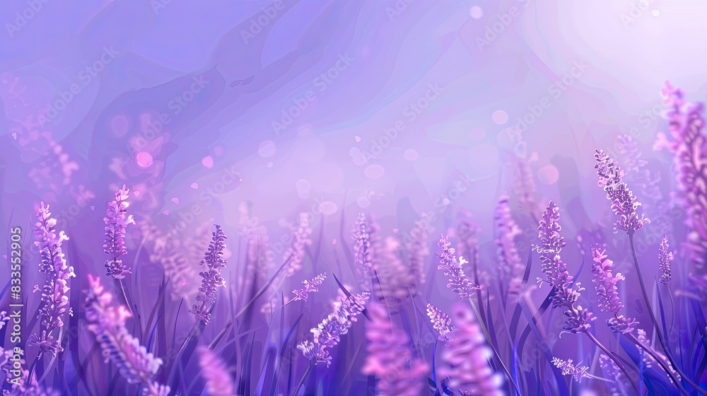 Dreamy lavender field in a purple haze light at sunrise with a soft and ...