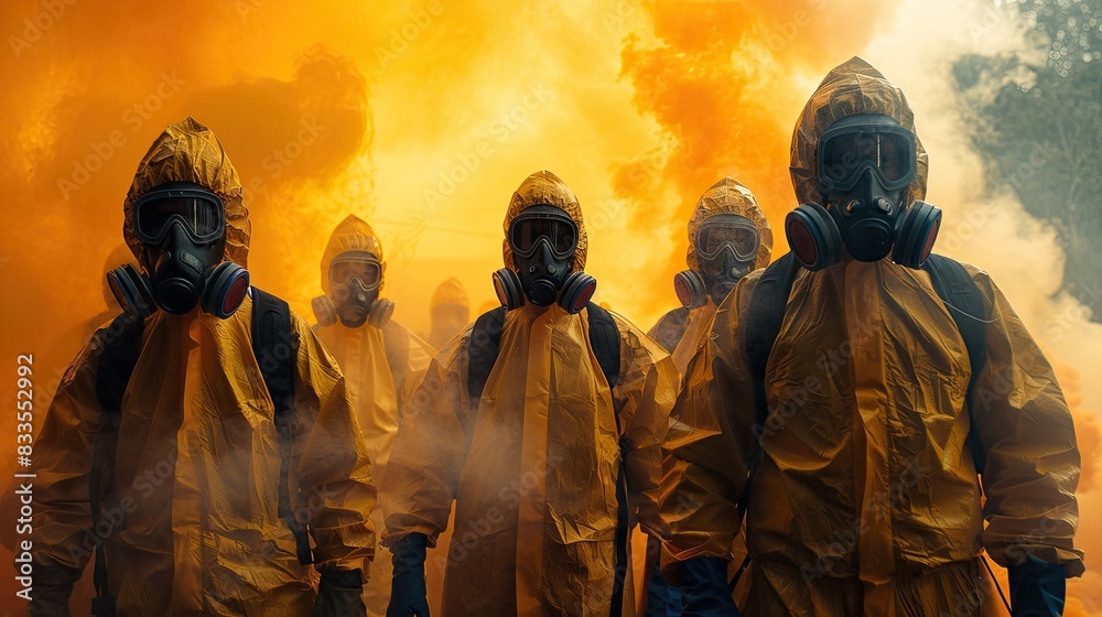 Group of individuals in hazmat suits and gas masks amidst smoky, fiery scene, illustrating environmental hazard response or disaster management. Group of individuals in hazmat suits and gas masks amidst smoky, fiery scene, illustrating environmental hazard response or disaster management.