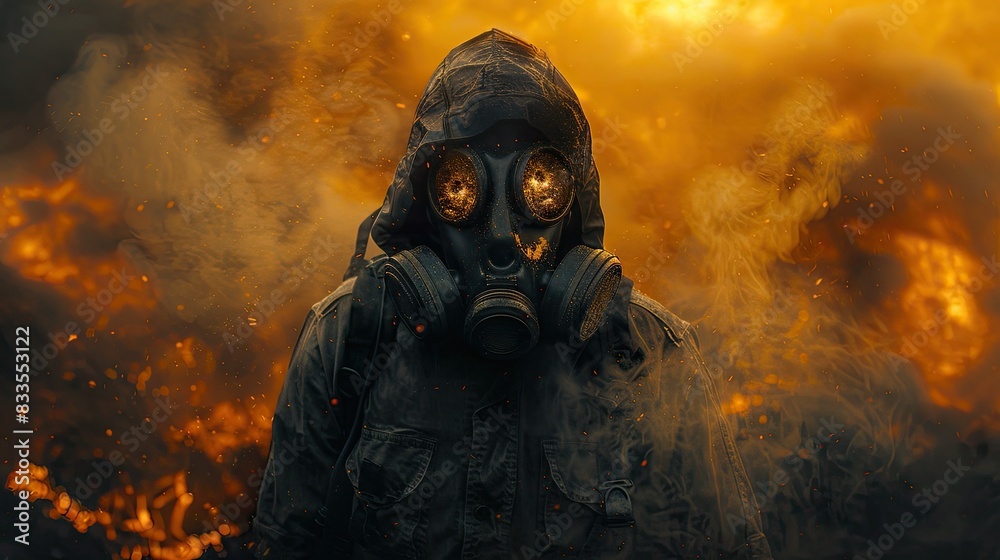 Person in gas mask and hooded jacket stands amidst towering flames and smoke, creating a dramatic and intense scene of danger and survival. Person in gas mask and hooded jacket stands amidst towering flames and smoke, creating a dramatic and intense scene of danger and survival.