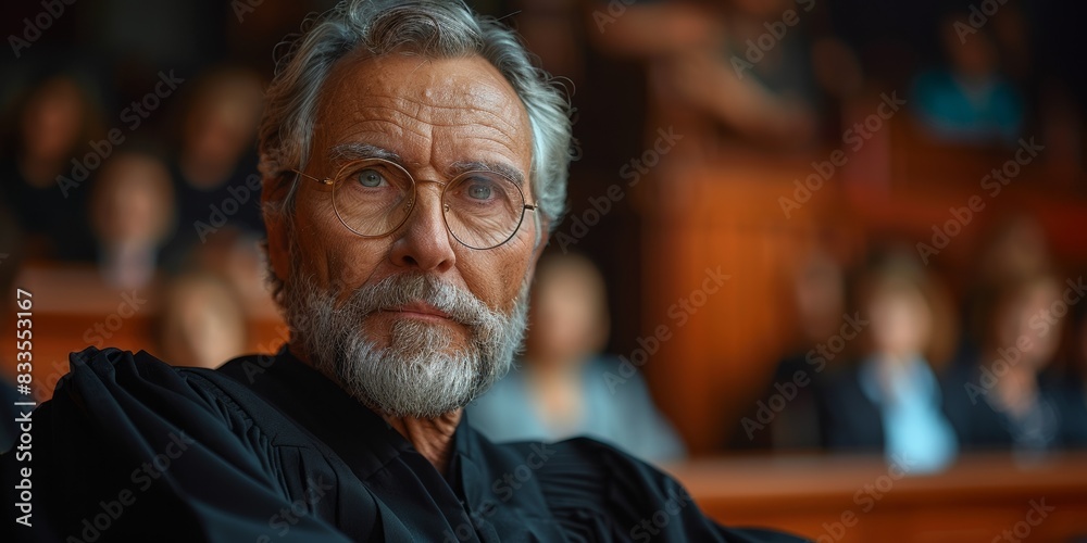 A senior Caucasian judge exuding confidence and fairness in a courthouse portrait.