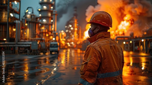 Industrial worker in protective gear observing a refinery fire at night, highlighting risks and safety protocols in industrial environments.