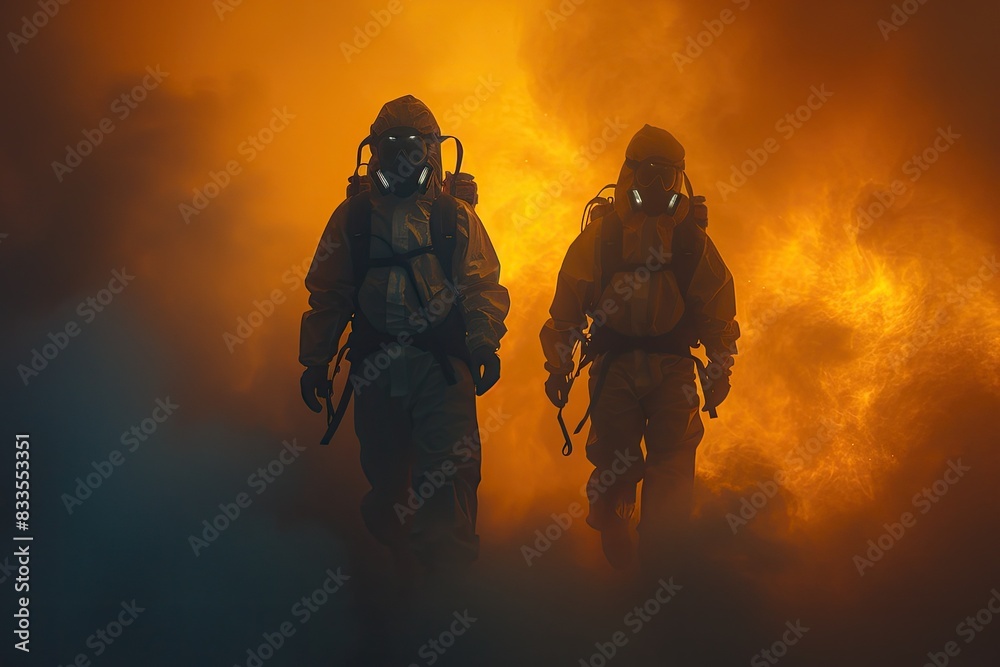 Two firefighters in full gear bravely walk through thick smoke and flames, showcasing their courage and dedication in the face of danger. Two firefighters in full gear bravely walk through thick smoke and flames, showcasing their courage and dedication in the face of danger.