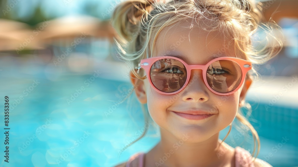 Little Girl in Pink Sunglasses by Swimming Pool Little Girl in Pink Sunglasses by Swimming Pool