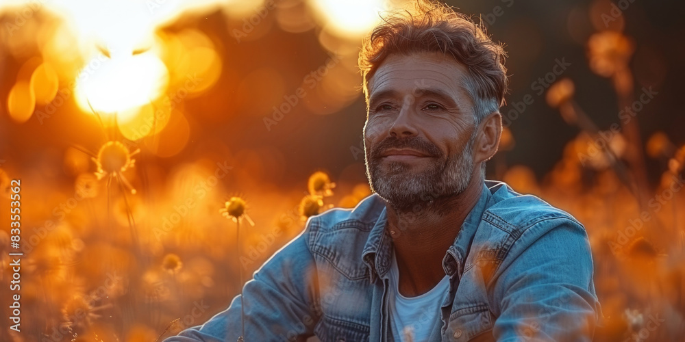 A thoughtful guy enjoys relaxation in nature, smiling in a meadow at sunset. A thoughtful guy enjoys relaxation in nature, smiling in a meadow at sunset.