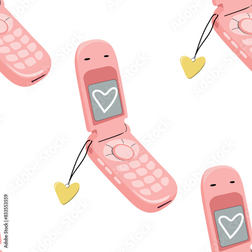 Cool flip mobile phone with keychain seamless pattern. Pink retro cell, 2000s aesthetic, retro nostalgia