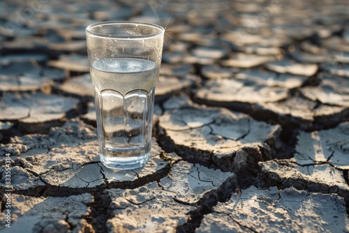 Glass of water on cracked and dry soil.