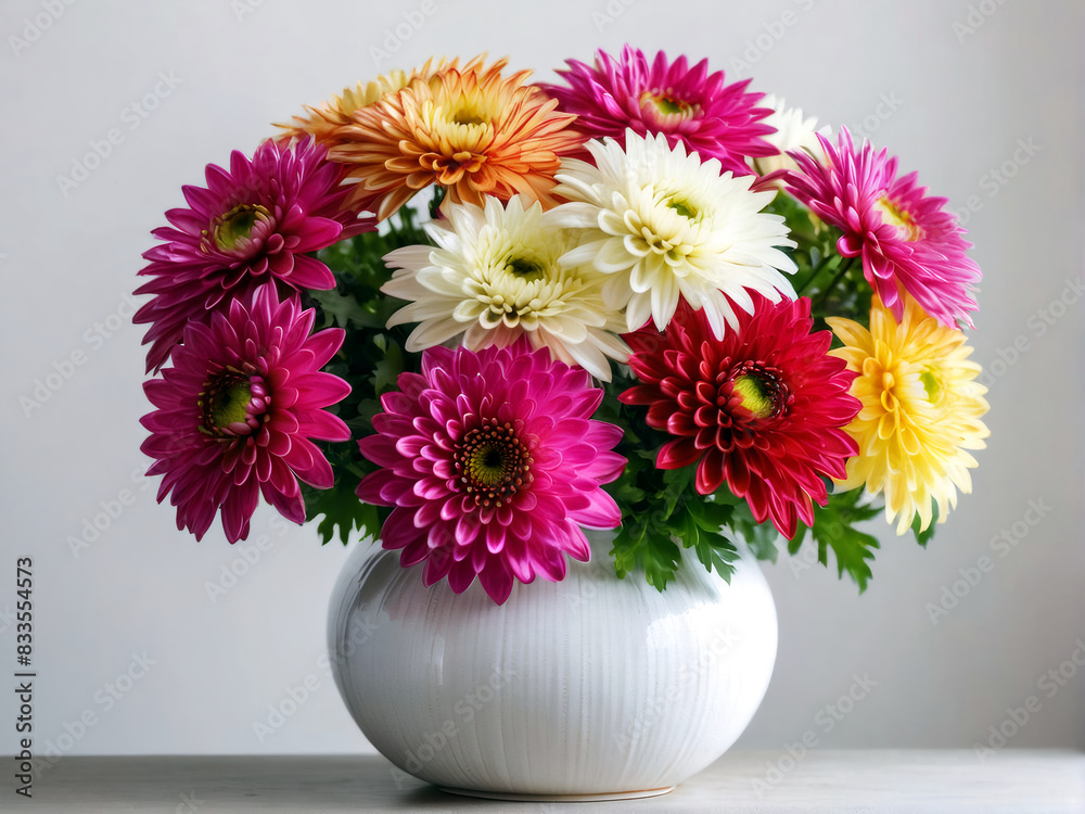 A bouquet of chrysanthemums in a ceramic vase creates a striking focal point against a white wall, ultra detailed, dof, copy space. A bouquet of chrysanthemums in a ceramic vase creates a striking focal point against a white wall, ultra detailed, dof, copy space.