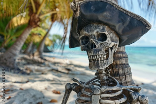 Human skeleton with a pirate hat on the beach, next to a coconut tree. photo