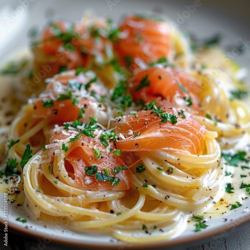 experience a culinary retreat with the showcase of freshly made pasta loaded with delicious creamy sauce infused with herbs and spices, fresh smoked salmon, garnished with chopped coriander photo