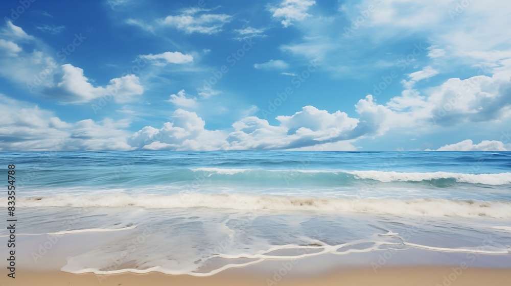 Tranquil Ocean Beach with Gentle Waves and Fluffy Clouds Under a Blue Sky Tranquil Ocean Beach with Gentle Waves and Fluffy Clouds Under a Blue Sky