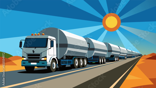 The reflective surfaces of the trucks metallic tankers shine under the bright sunlight catching the eyes of passing motorists.. Vector illustration