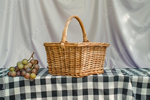 Picnic basket on a checkered tablecloth  concept of leisure  vacation.