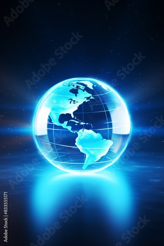A glowing, futuristic depiction of Earth in blue hues, highlighting the Americas, against a dark, star-studded background.