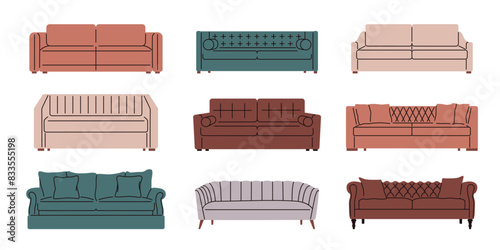 Set of Comfortable stylish modern sofas. Furniture for home, interior, apartments. Sofas for living room, modern. Flat vector illustration isolated