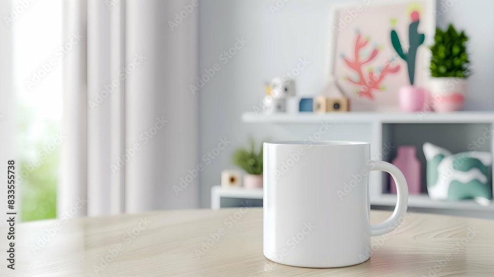White kids mug mock up. Blank template for your design, advertising, logo. Close-up view. Copy space. Cup standing in children room. Playful cup mockup. 3D rendering White kids mug mock up. Blank template for your design, advertising, logo. Close-up view. Copy space. Cup standing in children room. Playful cup mockup. 3D rendering