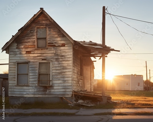 An old, weathered house stands in disrepair at sunset. Broken windows, peeling paint, and a collapsed porch highlight the home's decay. photo