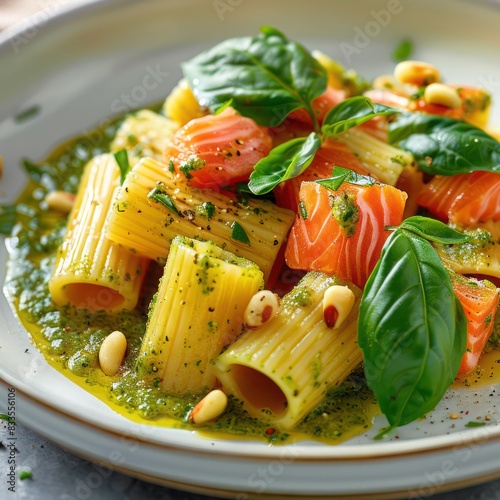 experience a culinary retreat with the showcase of freshly made pasta loaded with delicious creamy sauce infused with herbs and spices, fresh smoked salmon, garnished with chopped coriander photo