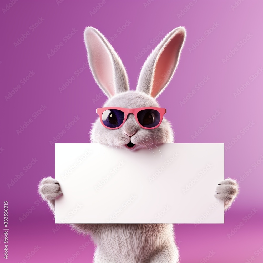 Fototapeta premium Cute bunny wearing sunglasses holding blank sign, pink background. Fun and playful concept for Easter or advertising.