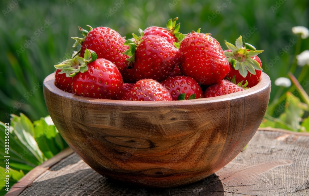 Wooden bowl full of fresh strawberries, bokeh background. Wooden bowl full of fresh strawberries, bokeh background.