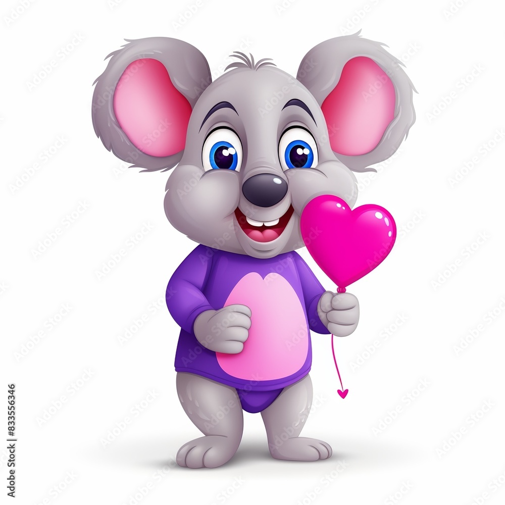 Cute cartoon koala holding a pink heart-shaped balloon with a happy expression, wearing a purple shirt. Cute cartoon koala holding a pink heart-shaped balloon with a happy expression, wearing a purple shirt.