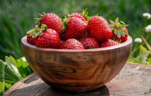 Wooden bowl full of fresh strawberries  bokeh background.