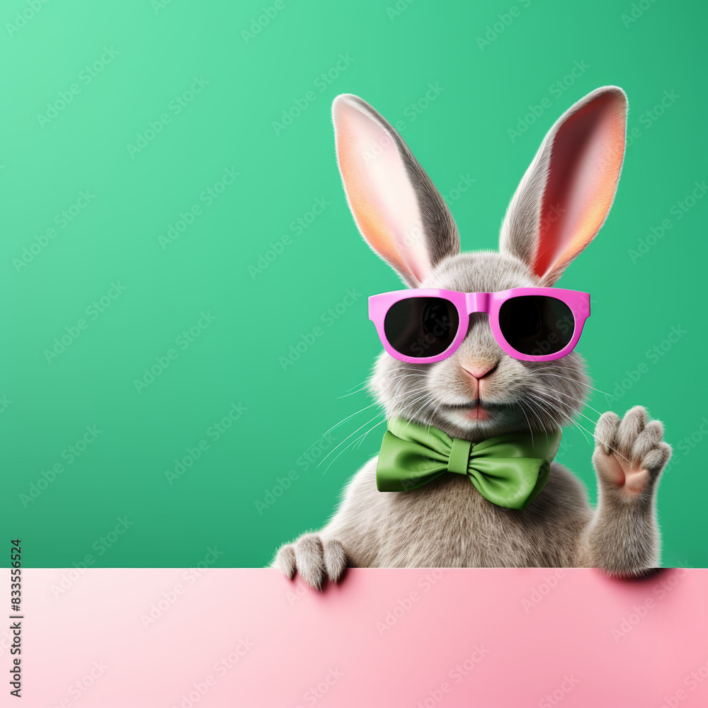 Obraz premium Cute rabbit wearing pink sunglasses and a green bow tie, standing against a green background, waving with one paw. Fun and playful image.