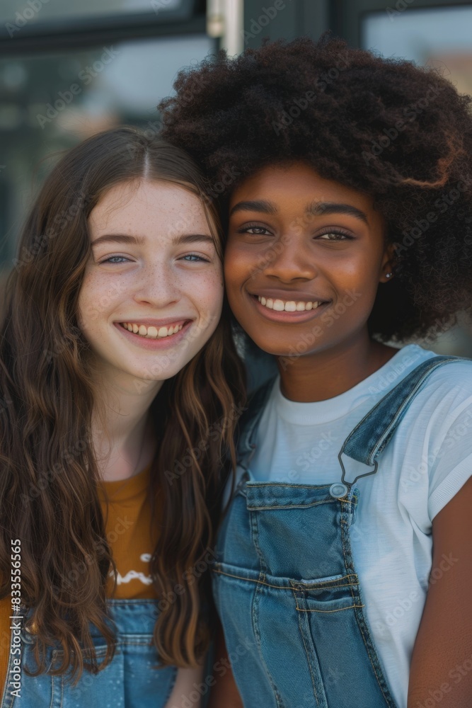 Two young women of different races smiling together in an urban environment, Friendship Day concept. Two young women of different races smiling together in an urban environment, Friendship Day concept.