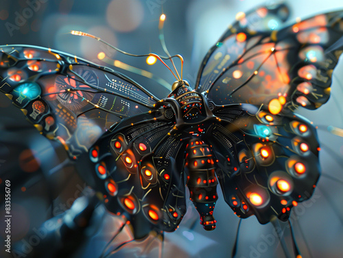 Cyber technological butterflies with artificial intelligence robots insects glowing flickering fantastic photo