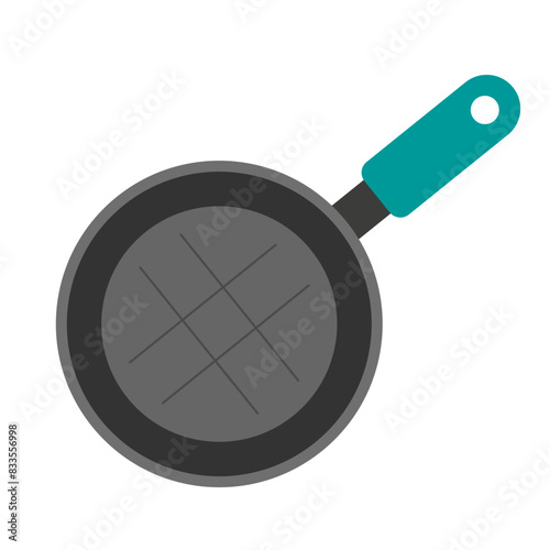 
Illustration depicting a gray frying pan with a turquoise handle on a white background