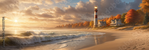 A serene beach scene at sunrise  with the warm glow of the sun illuminating the horizon. A lighthouse stands prominently in the distance  adding to the tranquil atmosphere.