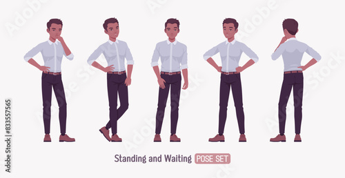 Successful handsome young man set standing pose. Positive confident dark skin professional business man startup leader, entrepreneur, corporate project owner in formal wear, shirt. Vector illustration