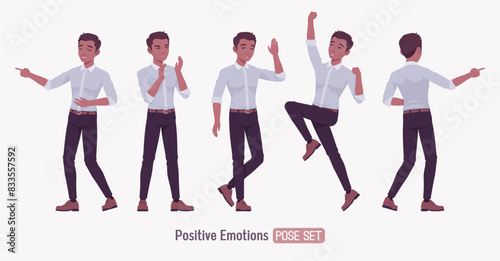 Successful happy win handsome young man set pose. Positive confident dark skin professional business man startup leader, entrepreneur, corporate project owner, formal wear, shirt. Vector illustration