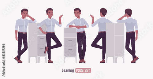 Successful handsome young man set stand lean pose. Positive confident dark skin professional business man startup leader, entrepreneur, corporate project owner, formal wear, shirt. Vector illustration