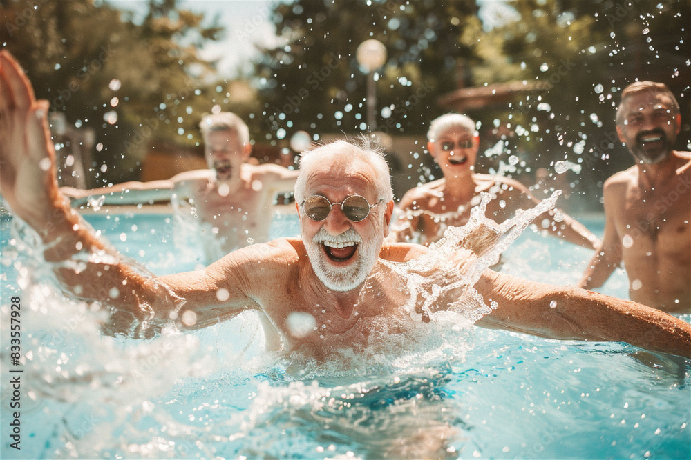 Senior Pool Fun Group of cheerful seniors having fun in pool, smiling, jumping ...