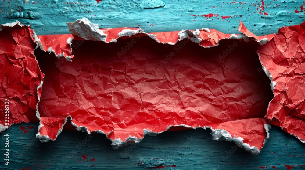 A hole is torn in a sheet of red paper. Copy space A hole is torn in a sheet of red paper. Copy space