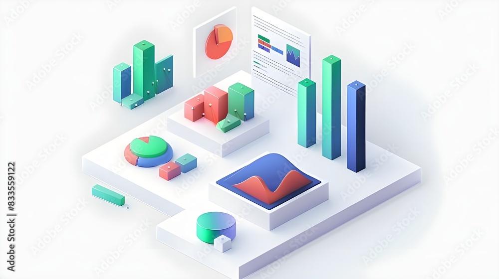 Business presentation data report illustration in isometric view isolated on white background Business presentation data report illustration in isometric view isolated on white background